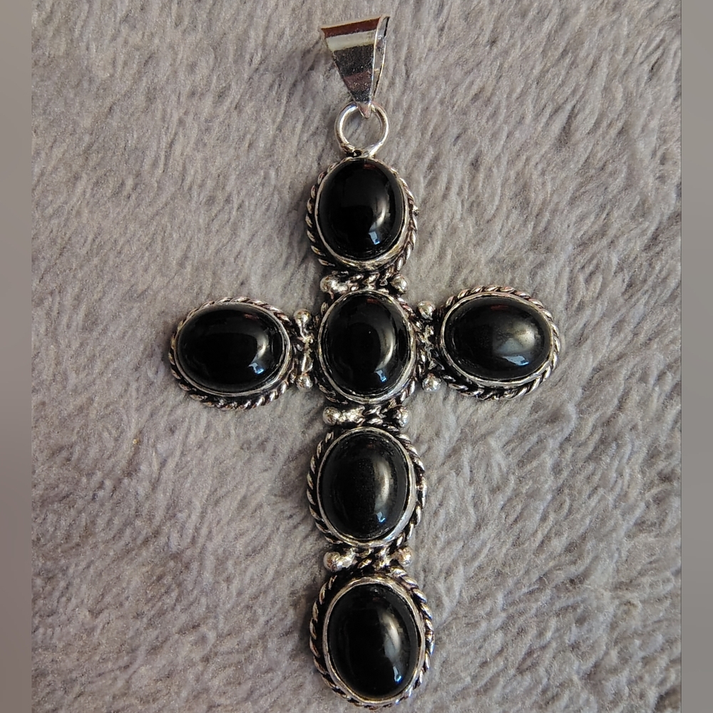 Black Onyx Beaded Cross Pendant